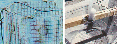 
LEFT: A wire mesh with attached electrodes. RIGHT: A mesh array, the cathode of the reactor, all set for submersion in the ocean. 
